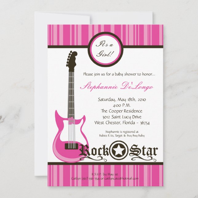 5x7 Girly Pink Rock Guitar Baby Shower Invitation (Front)