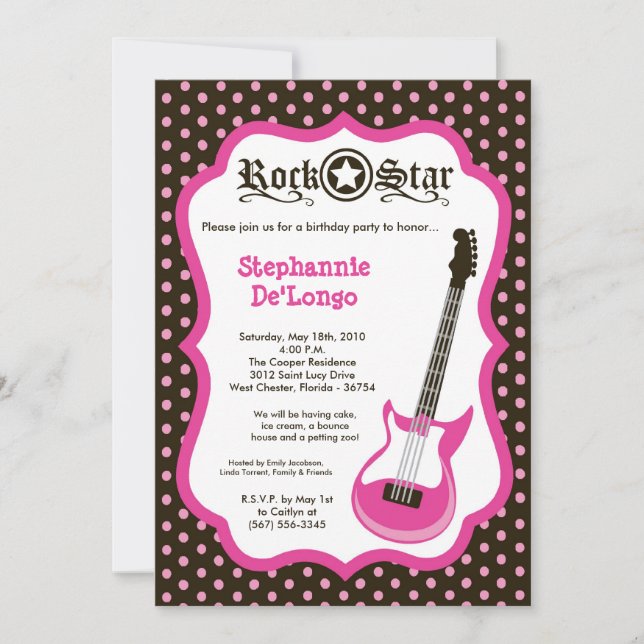 5x7 Girly Pink Rock Guitar Birthday Par Invitation (Front)