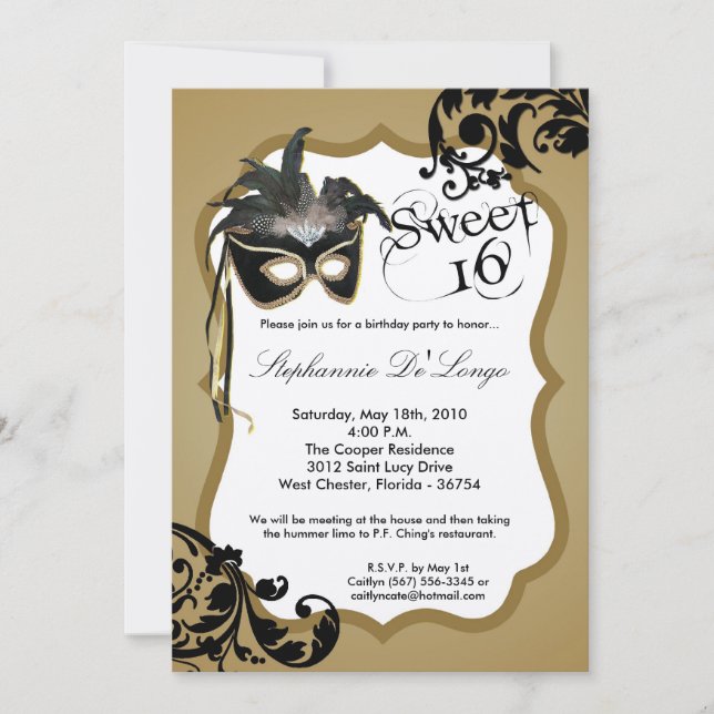 5x7 Gold Masquerade Mask 16 Birthday Invitation (Front)