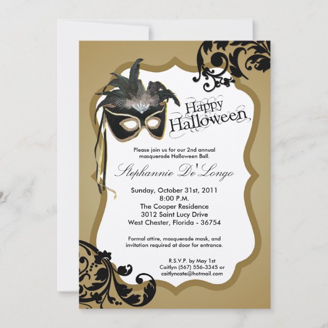 5x7 Gold Masquerade Mask Halloween Invitation (Front)