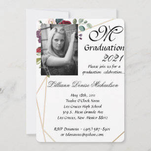 5x7 Graduation Part Invitation White Roses Gold Ge