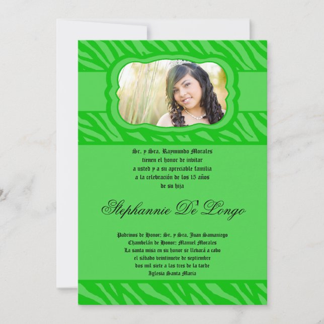 5x7 Gree Zebra Print Patter Quinceanera Invitation (Front)