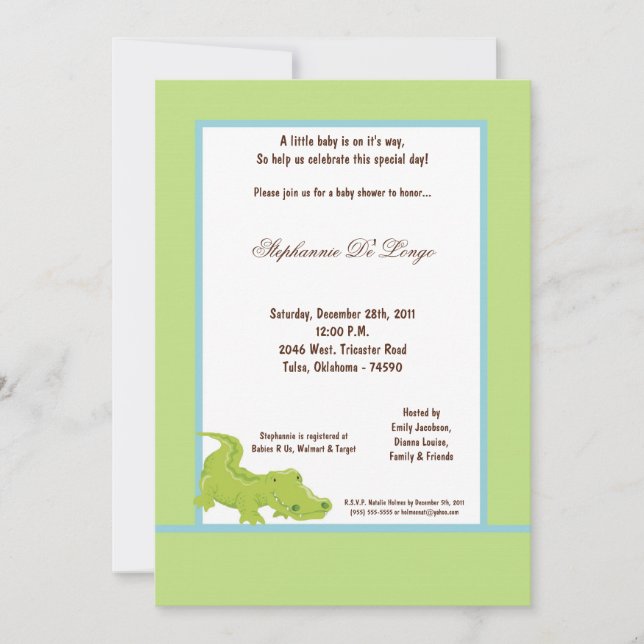 5x7 Green Aligator Baby Shower Invitation (Front)