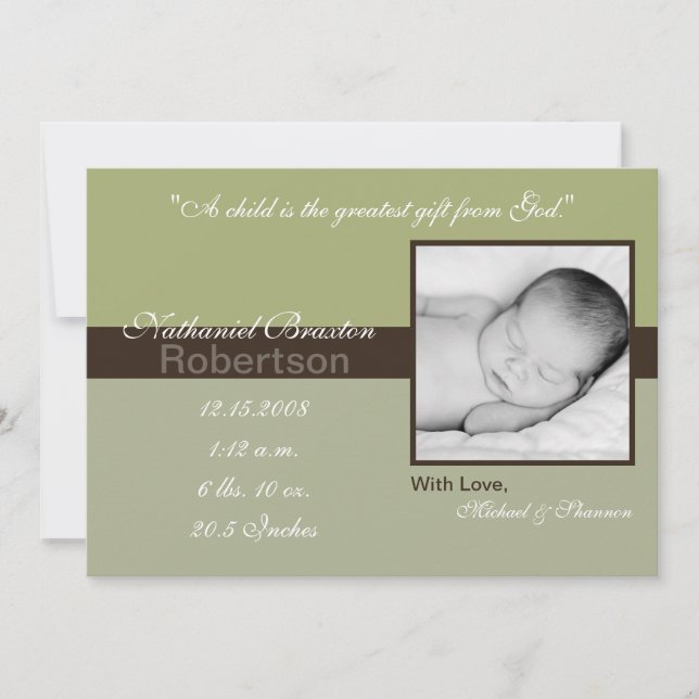 5x7 Green Brown Band Photo Birth Announcement (Front)