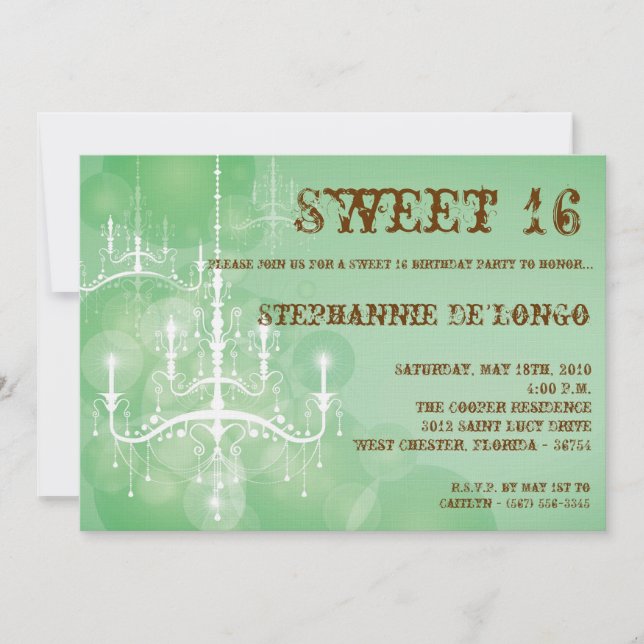 5x7 Green Chandelier Sweet 16 Birthday Invitation (Front)