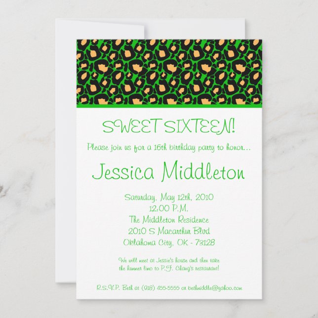 5x7 Green Cheetah 16th Birthday Invitation (Front)