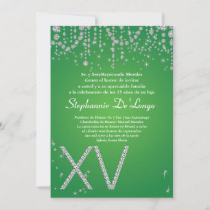5x7 Green Diamond Quinceanera Birthday Invitation