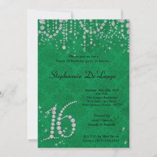 5x7 Green Diamond Sweet 16 Birthday Invitation