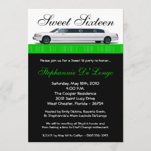 5x7 Green Limo Sweet 16 Birthday Invitation
