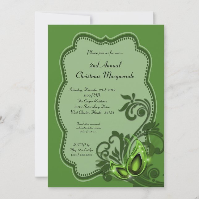 5x7 Green Masquerade Christmas XMAS Invitation (Front)