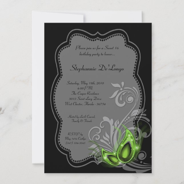 5x7 Green Masquerade Sweet 16 Birthday Invitation (Front)