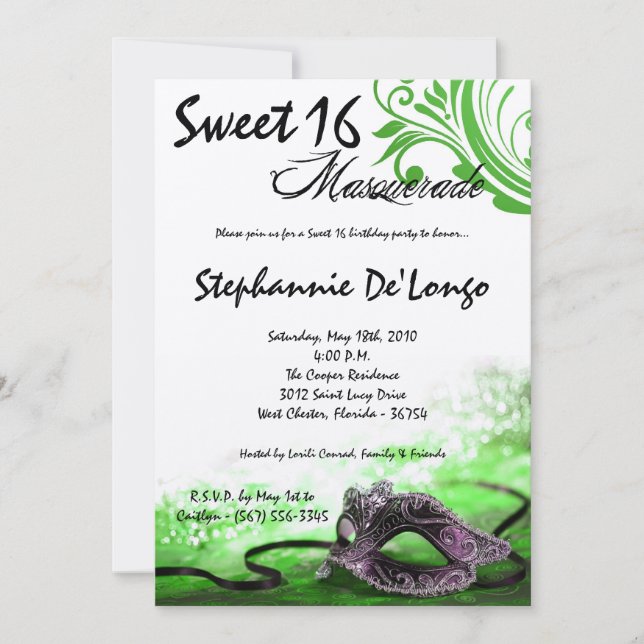 5x7 Green Masquerade Sweet 16 Birthday Invitation (Front)