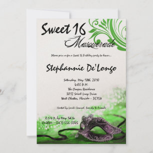 5x7 Green Masquerade Sweet 16 Birthday Invitation