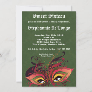 5x7 Green Masquerade Sweet 16 Birthday Invitation