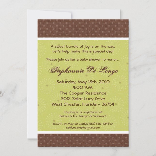 5x7 Green Polka Dot Print Baby Shower Invitation (Front)