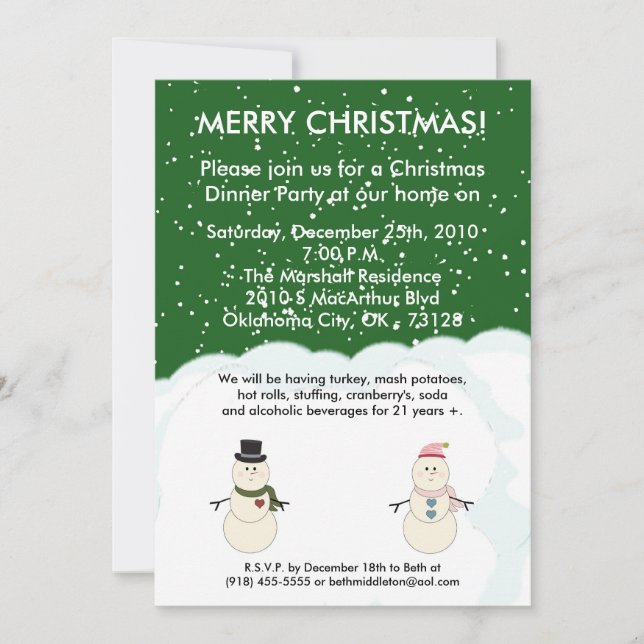 5x7 Green Snowman Snow Christmas Party Invitation (Front)
