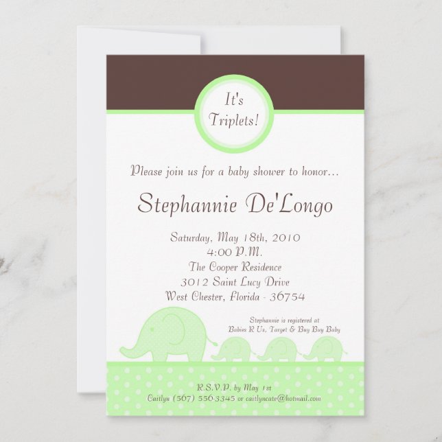 5x7 Green Triplets Elephant Baby Shower Invitation (Front)