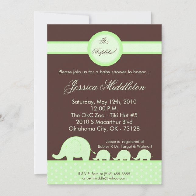 5x7 Green Triplets Elephant Baby Shower Invitation (Front)