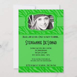 5x7 Green Zebra PHOTO Sweet 16 Birthday Invitation