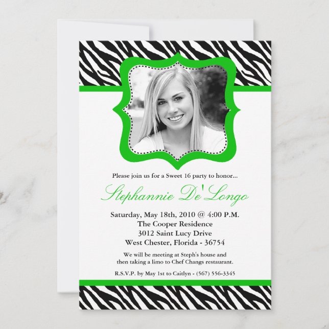 5x7 Green Zebra PHOTO Sweet 16 Birthday Invitation (Front)