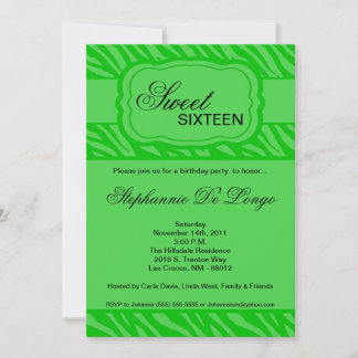 5x7 Green Zebra Print Birthday Party Invitation