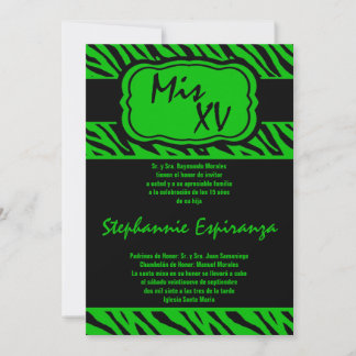 5x7 Green Zebra Print Quinceanera 15 Invitation