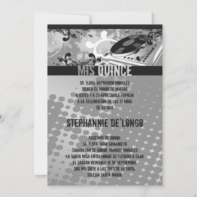 5x7 Grey DJ Spin Turntable Quinceanera Invitation (Front)