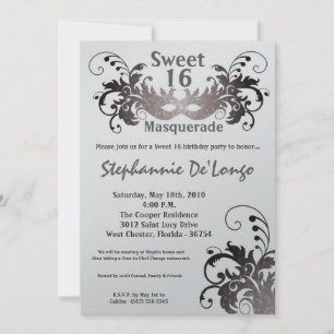 5x7 Grey Masquerade Sweet 16 Birthday Invitation