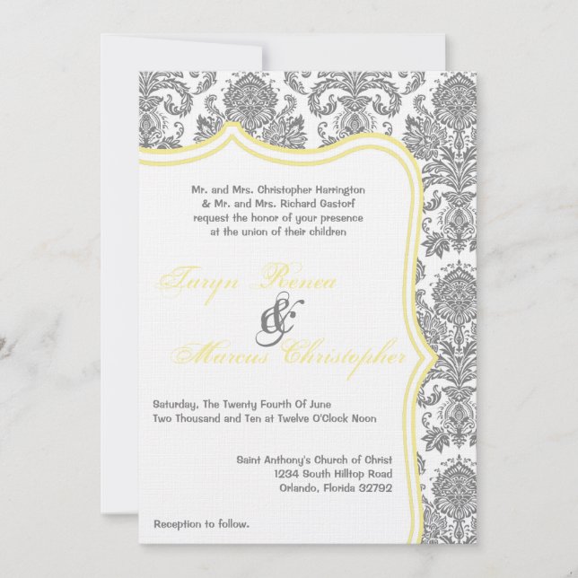 5x7 Grey Yellow Damask Lace Wedding Invitation (Front)