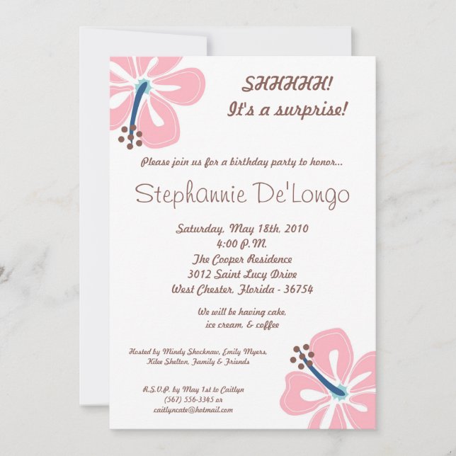 5x7 Hawaiian Hibiscus Flower Birthday Invitation (Front)