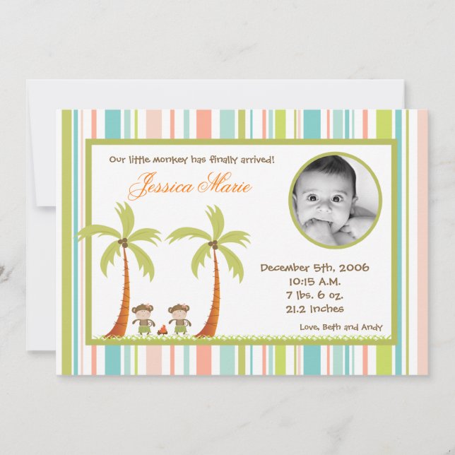 5x7 Hawaiian Luau Monkeys PHOTO Birth Announcement (Front)