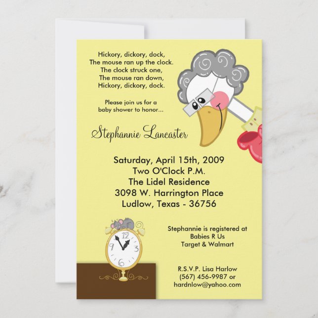 5x7 Hickory Dickory Nursery Baby Shower Invitation (Front)