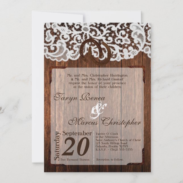 5x7 Horse Shoes on Wood Lace Wedding Invitation (Front)
