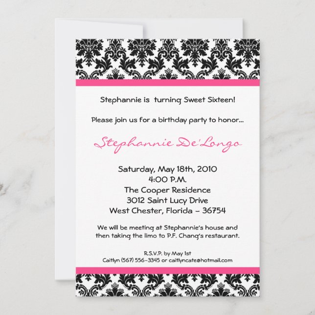 5x7 Hot Pink Blac Damask Birthday Party Invitation (Front)
