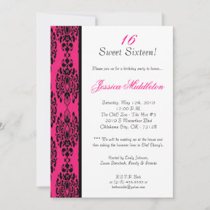 5x7 Hot Pink Damask Lace Birthday Party Invitation