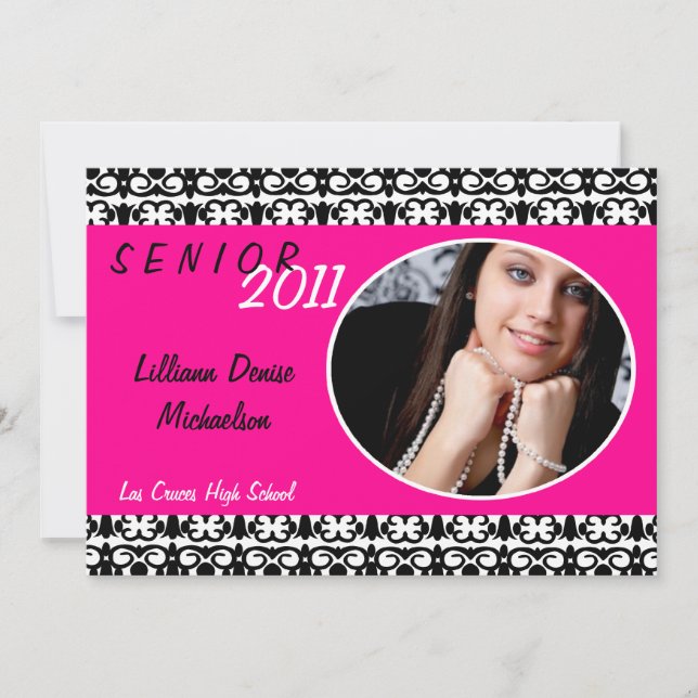 5x7 Hot Pink Damask Photo Senior Announcement (Front)