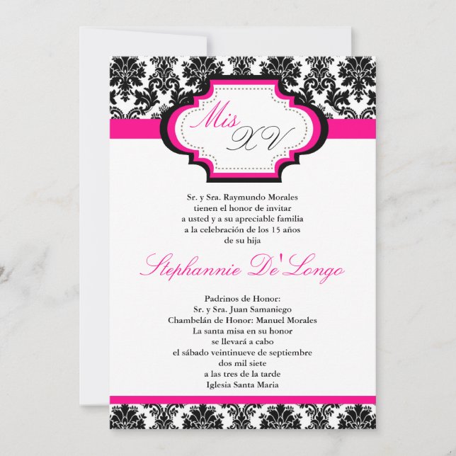 5x7 Hot Pink Damask Quinceanera Invitation (Front)