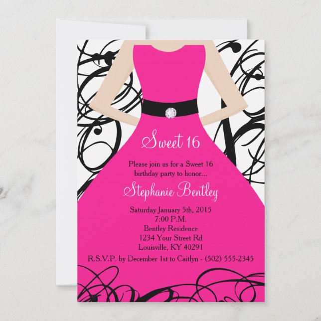 5x7 Hot Pink Dress Sweet 16 Birthday Invitation (Front)