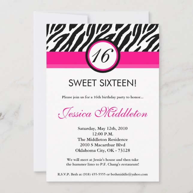5x7 Hot Pink Zebra16th Birthday Invitation (Front)