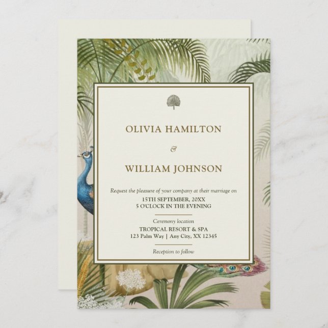 5x7 Ivory Tropical Peacock Palm Wedding  Invitation (Front/Back)