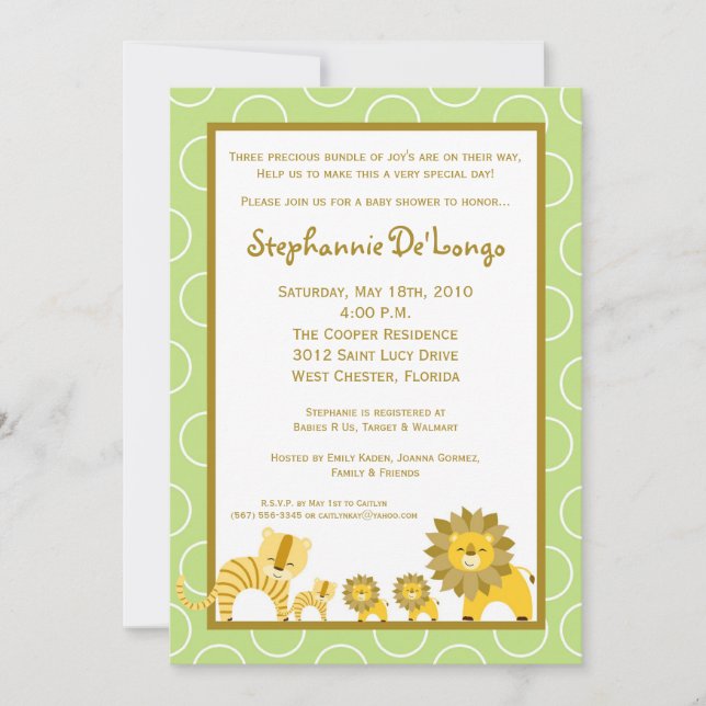 5x7 Jungle Boy Gir TRIPLETS Baby Shower Invitation (Front)