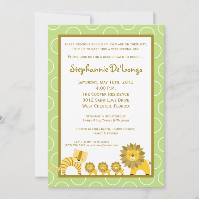 5x7 Jungle Boy TRIPLETS Baby Shower Invitation (Front)
