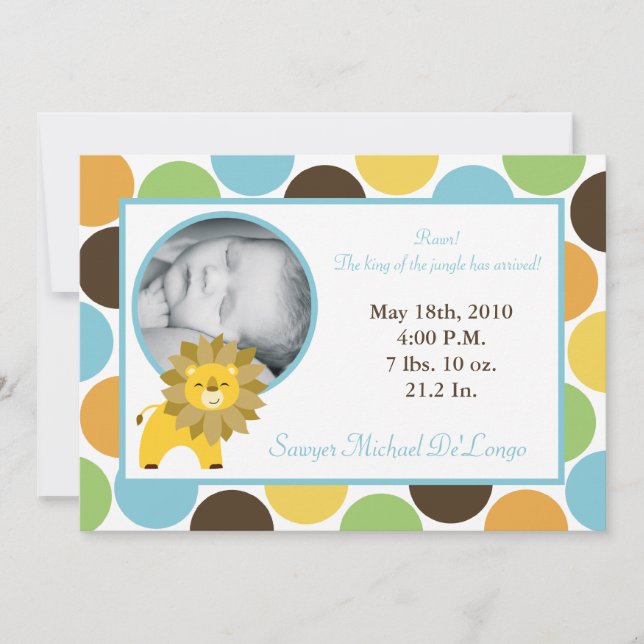 5x7 Jungle King Lion Zoo Photo Birth Announcement (Front)