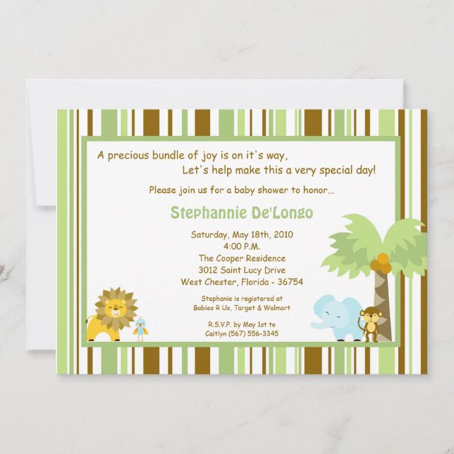 5x7 Jungle Safari Zoo Anima Baby Shower Invitation (Front)