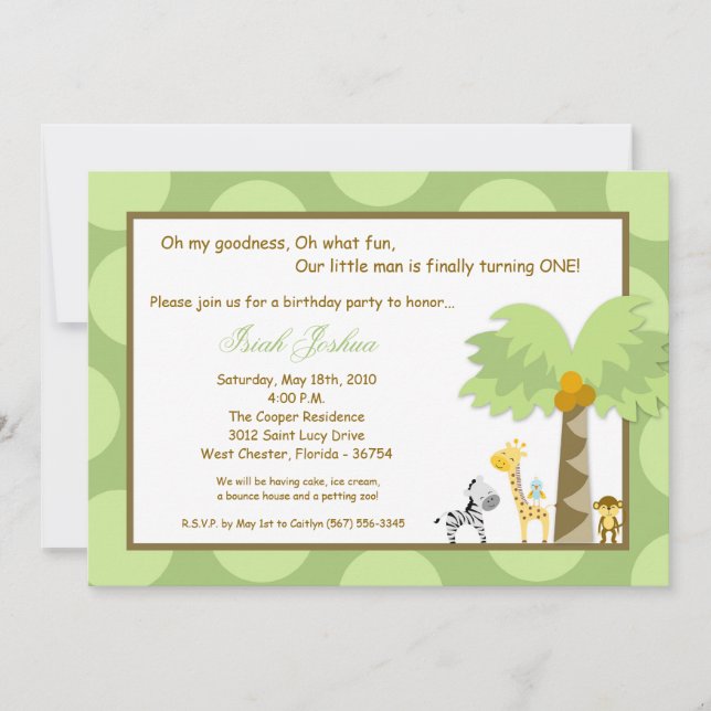 5x7 Jungle Safari Zoo Animal Birthday Invitation (Front)