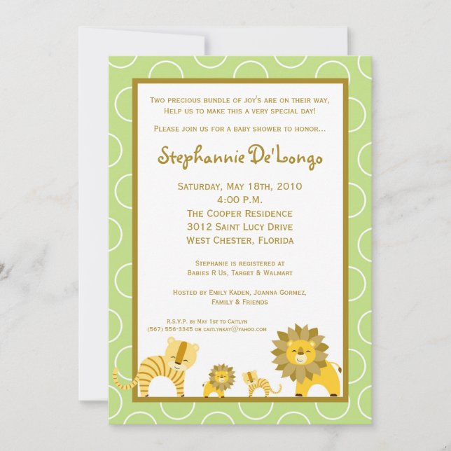 5x7 Jungle Tiger Lion TWINS Baby Shower Invitation (Front)