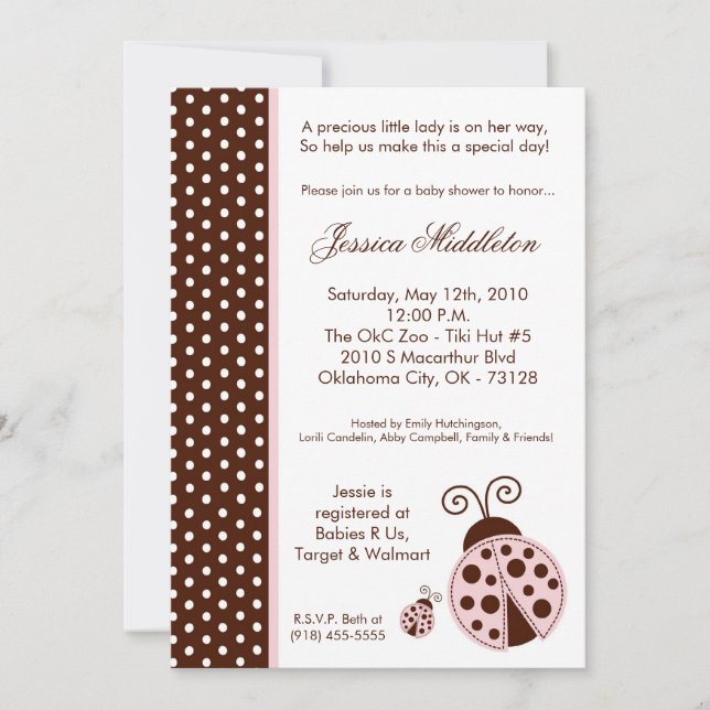 5x7 Lady Bug Pink PolkaDot Baby Shower Invitation (Front)