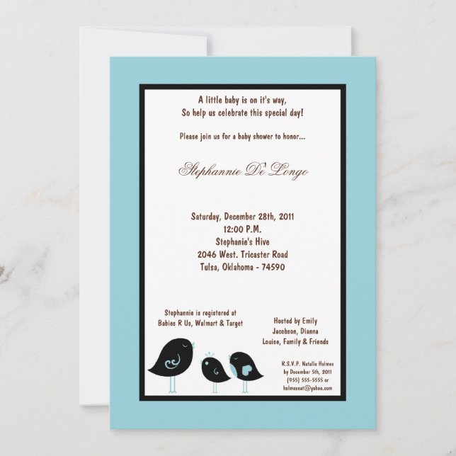 5x7 Light Blue Bird Baby Shower Invitation (Front)