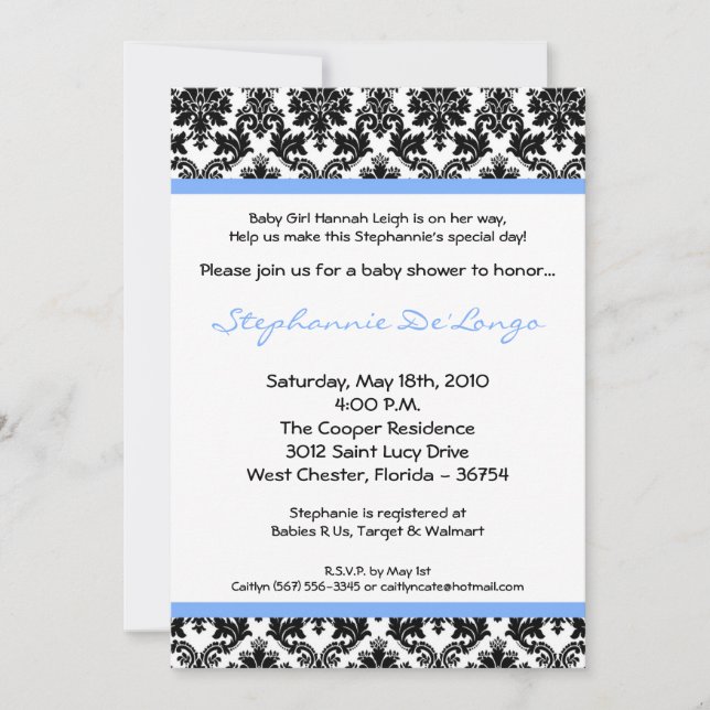 5x7 Light Blue Black Damask Baby Shower Invitation (Front)
