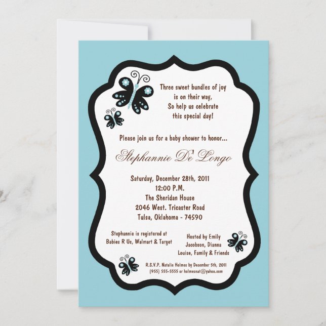 5x7 Light Blue Butterfly Baby Shower Invitation (Front)